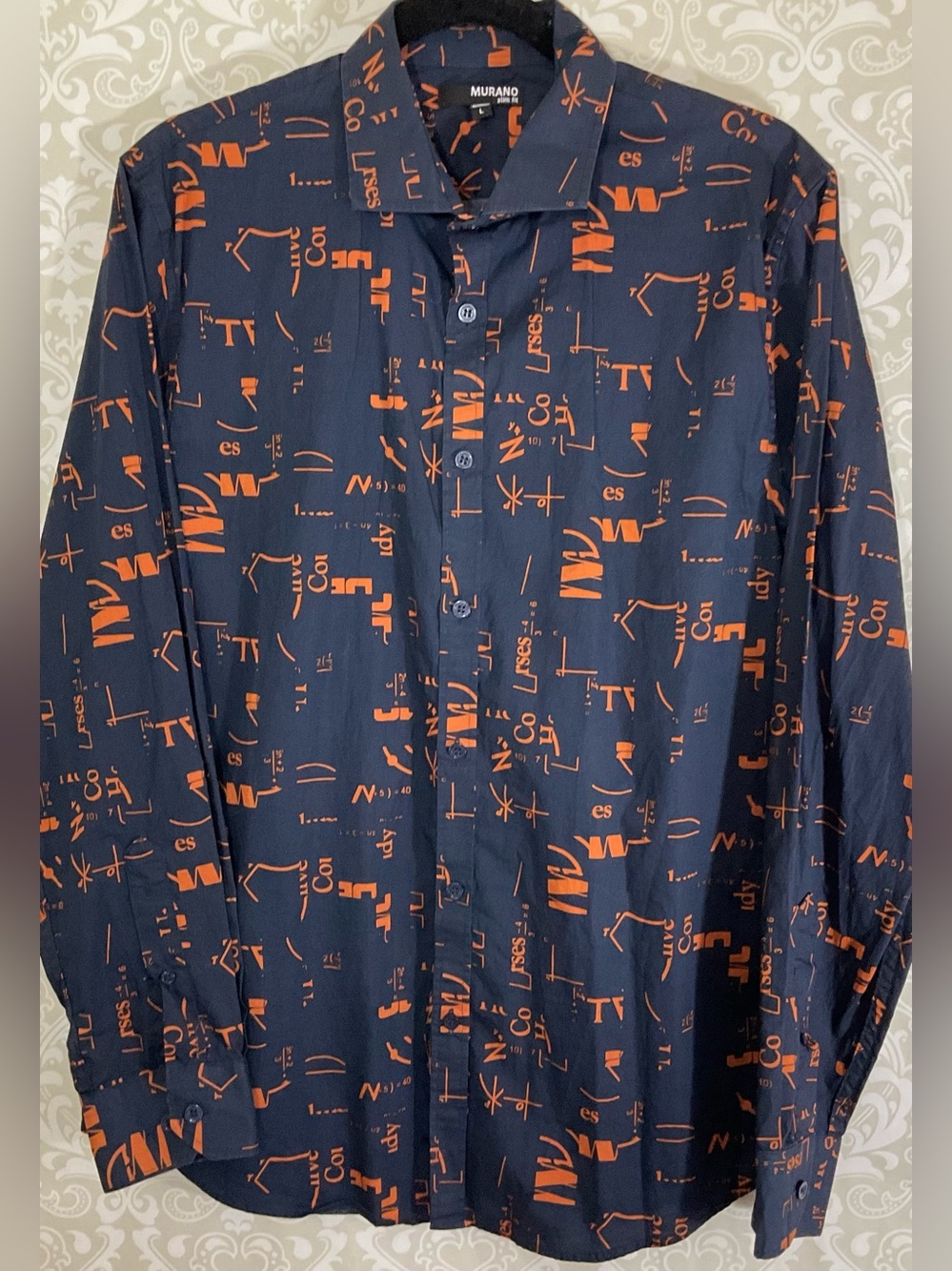 Murano Slim Fit Men’s Large Navy Button Up Shirt with Orange Graphics